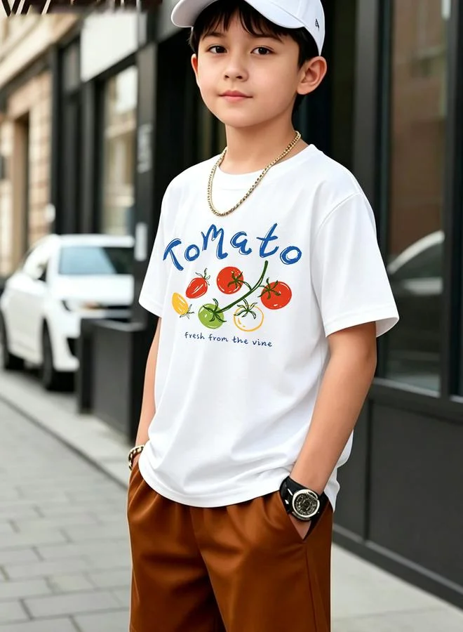 Take Two Kids White Cotton Tomato Print Short Sleeve T-Shirt