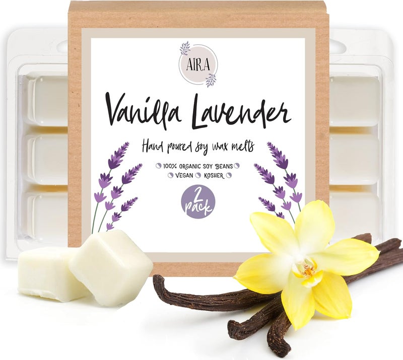 Aira Soy Wax Melt - Organic, Vegan, Kosher, Scented Soy Wax Cubes w/Essential Oil Blends - No Chemical 100% Soy Tart for Electric/Tealight Melters - Hand-Poured Soy Tarts - Vanilla Lavender - 2 Pack