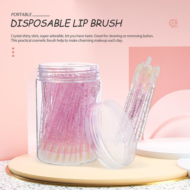 Disposable Lip Brush Sticks, 100pcs Crystal Pink Solid Handle, Portable Single-use Cosmetic Lipstick Applicators for Professional Makeup and Travel Use - Image 3