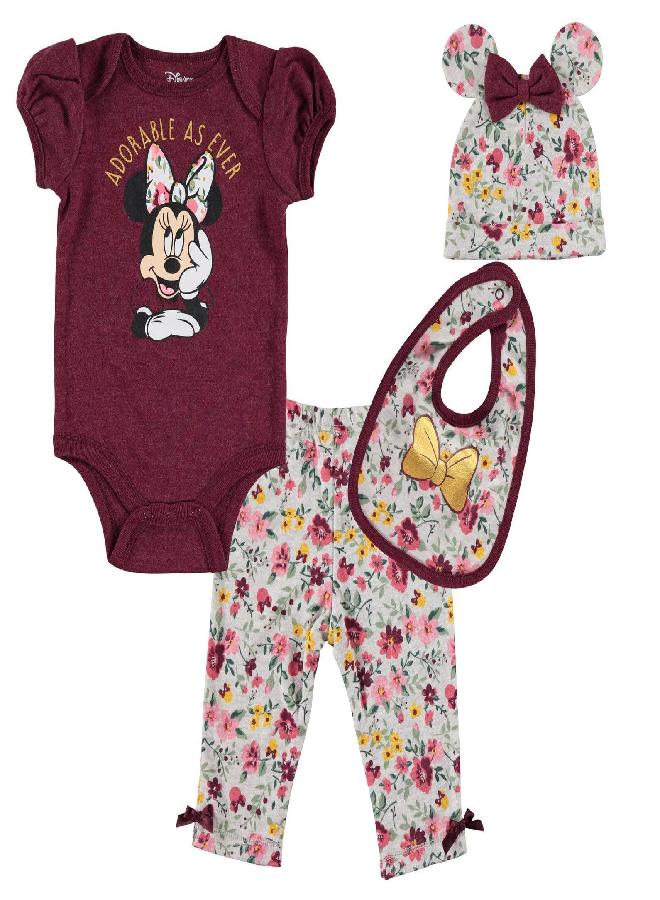 Disney Disney Minnie Mouse Newborn Baby Girls Bodysuit Pants Bib and Hat 4 Piece Outfit Set Purple 3-6 Months - Image 1