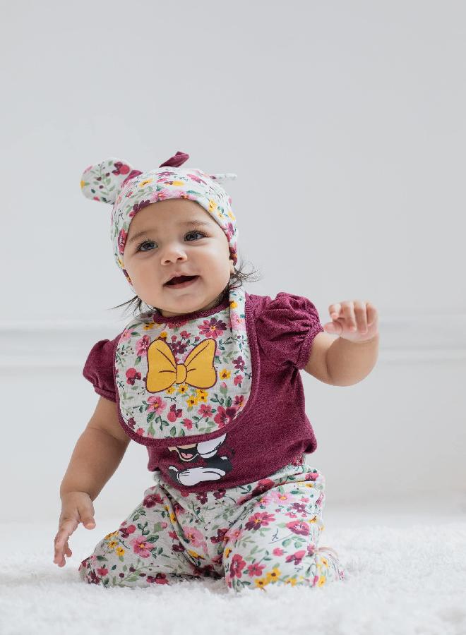 Disney Disney Minnie Mouse Newborn Baby Girls Bodysuit Pants Bib and Hat 4 Piece Outfit Set Purple 3-6 Months - Image 3