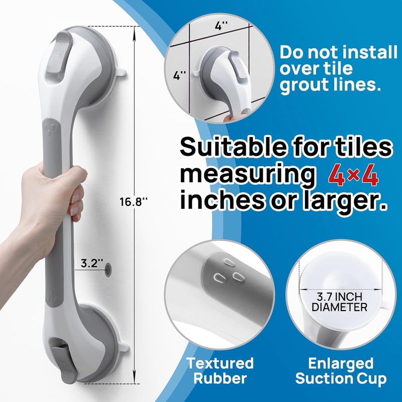 LEVERLOC Shower Grab Rails, 43 CM Suction Grab Bar for Bathtub, MAX Hold 110 KG Shower Handles for Senior, Bathroom Safety Grip for Elderly, Heavy Duty, No Drilling & Removable Handrail, Grey - Image 2