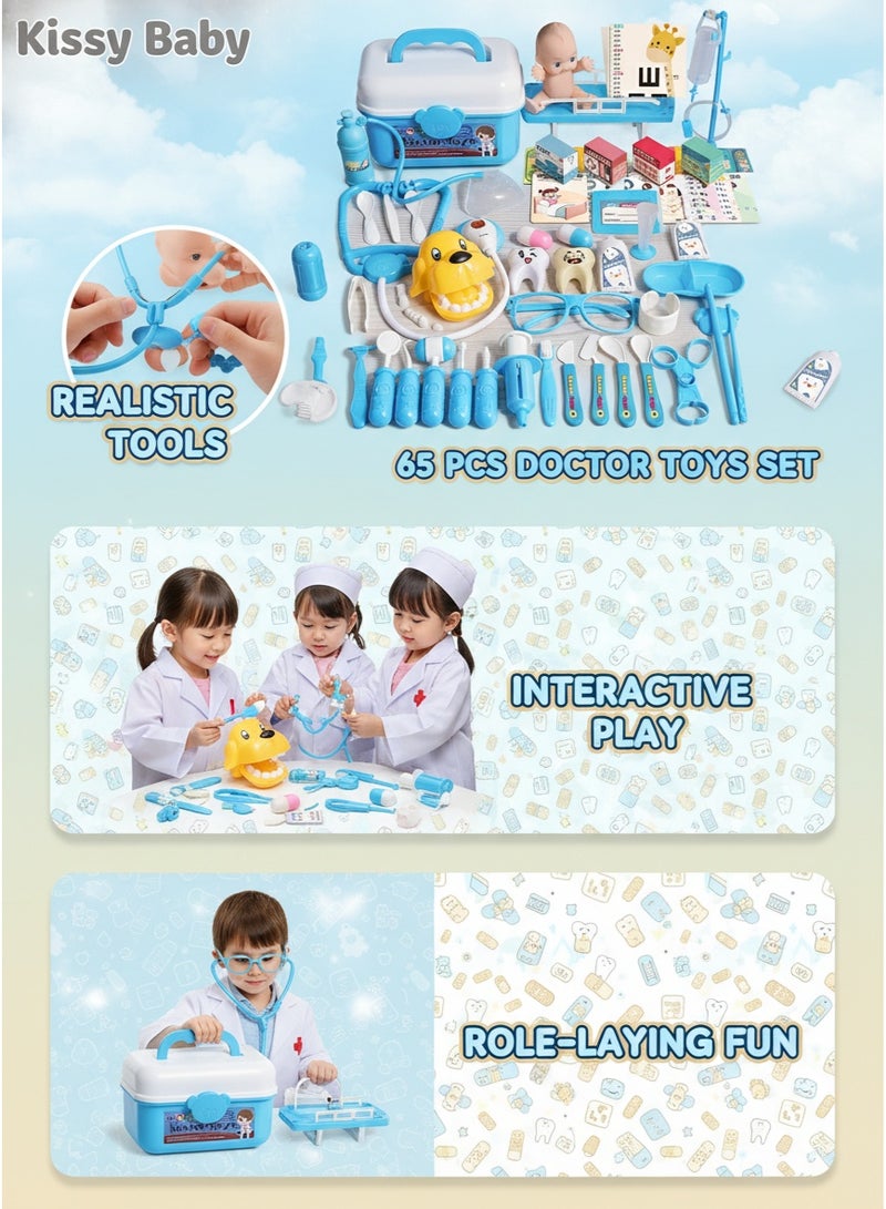 Kissy Baby 65 Pieces Pink Kids Doctor Kit Pretend Play Toys with Working Stethoscope and Coat Carry Case Medical Role Play Educational Toy Doctor Playset for Boys Girls Ages 3+ Blue - Image 2