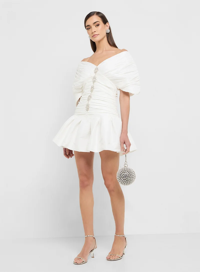 Ginger Boutique eclat luxe off shoulder puff sleeves ruched dresss with bubble hem