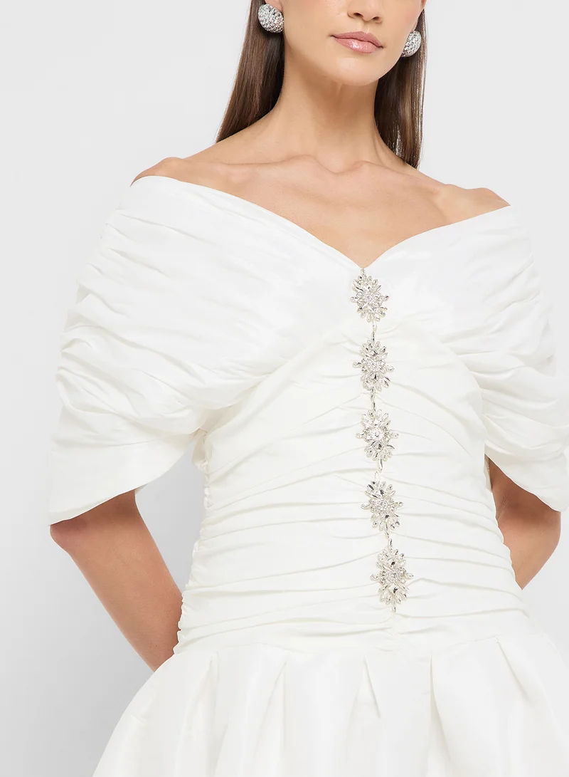 Ginger Boutique eclat luxe off shoulder puff sleeves ruched dresss with bubble hem