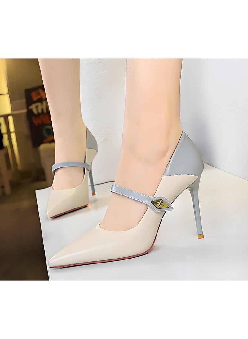 بيج تري المضخات النسائية مغلقة أشارت إصبع القدم الكعب العالي الحزب فستان الأحذية البيج / الغبار الأزرق 10CM - Image 3