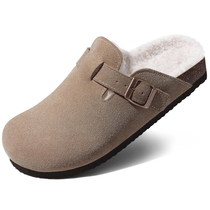 KIDMI Women's Fur Lined Suede Clogs Fuzzy Cork Footbed Mules Slip On Winter Potato Shoes, Taupe 43 (Size 11) - Image 1