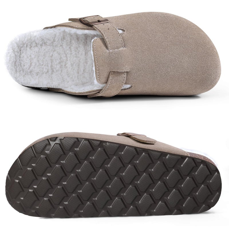 KIDMI Women's Fur Lined Suede Clogs Fuzzy Cork Footbed Mules Slip On Winter Potato Shoes, Taupe 43 (Size 11) - Image 3