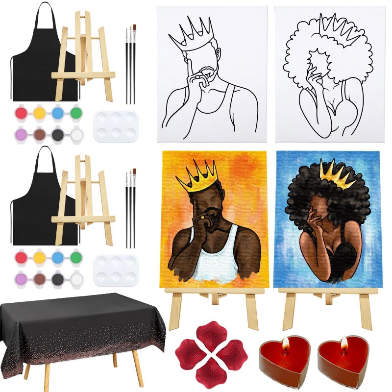 Nuberlic Date Night Painting Kit for Couples Sip and Paint Kit for Adults Couples Pre Drawn Canvas to Paint for Adults King Queen Couple Shoe Valentines Date Night Party 2 Pack 8" X 10" - Image 1