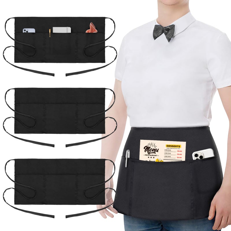 3 Pack Waist Apron  Server Aprons With 3 Pockets  Water  Oil Resistant Waitress Apron  Black Half Aprons for Women Servers  12 Inch