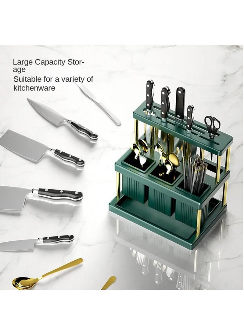 Hihonor Utensil Crock Holder for Countertop,Knife Block Without Knives, Plastic Storage Drain Rack,High Capacity Drain Rack Basket Storage Organizer, Cutlery Organizer for Knife,Spoon, Fork (White Silver) - Image 2