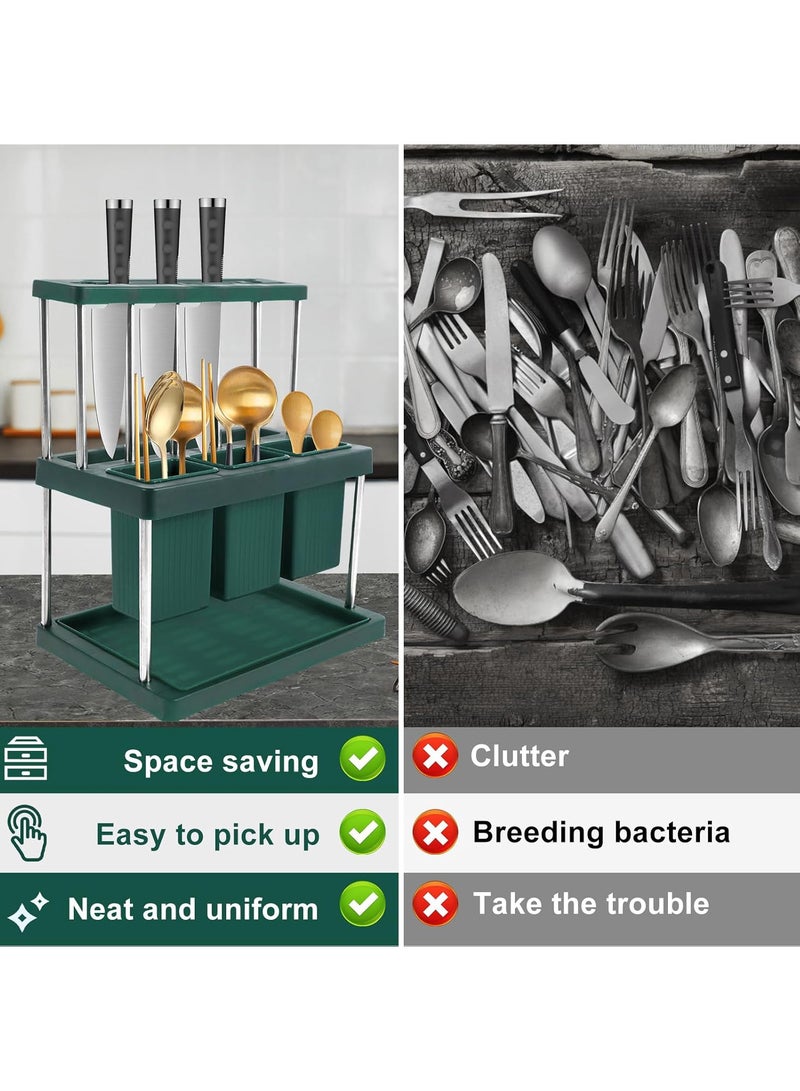 Hihonor Utensil Crock Holder for Countertop,Knife Block Without Knives, Plastic Storage Drain Rack,High Capacity Drain Rack Basket Storage Organizer, Cutlery Organizer for Knife,Spoon, Fork (White Silver) - Image 4