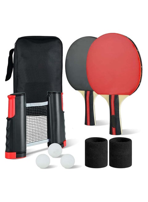 Table Tennis Paddle Set,Portable Table Tennis Set with Retractable Net,2 Rackets,3 Balls,1 Pair of Wrist Gloves and Carry Bag