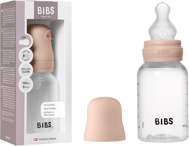 BIBS Baby Bottle 150 ml Silicone Teat - Baby Bottle Set Anti-Colic BPA Free Slow Flow Lightweight and Easy to Clean Suitable for Newborns from 0 Years - Blush - Image 1