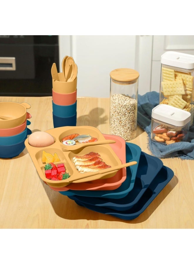 BIGTHREE® 24-Piece Straw Cutlery Set, Colorful Wheat Straw Tableware Student Compartmentalised Plate Meal, Unbreakable, for Microwave and Dishwasher, BPA Free, for Dinner Dishes Kids & Student - Image 4