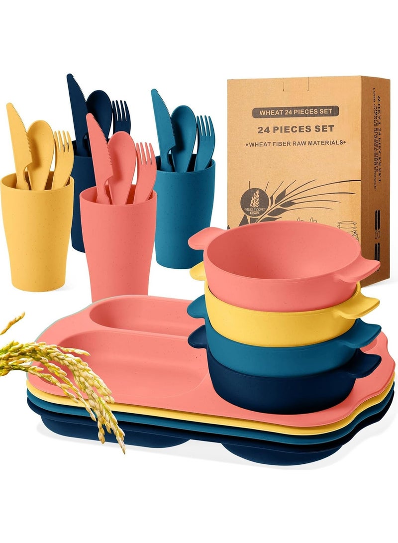 BIGTHREE® 24-Piece Straw Cutlery Set, Colorful Wheat Straw Tableware Student Compartmentalised Plate Meal, Unbreakable, for Microwave and Dishwasher, BPA Free, for Dinner Dishes Kids & Student - Image 1