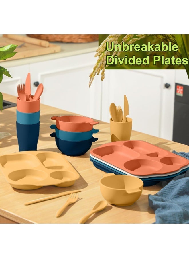 BIGTHREE® 24-Piece Straw Cutlery Set, Colorful Wheat Straw Tableware Student Compartmentalised Plate Meal, Unbreakable, for Microwave and Dishwasher, BPA Free, for Dinner Dishes Kids & Student - Image 3
