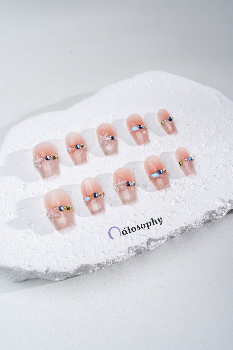 Nailosophy 10 Pcs Handmade Gel Press On Nails Short Square Nude Pink Floral Crystal Reusable False Nails Nail Kit for Women Daily Wear Wedding Gift Eid - Image 2