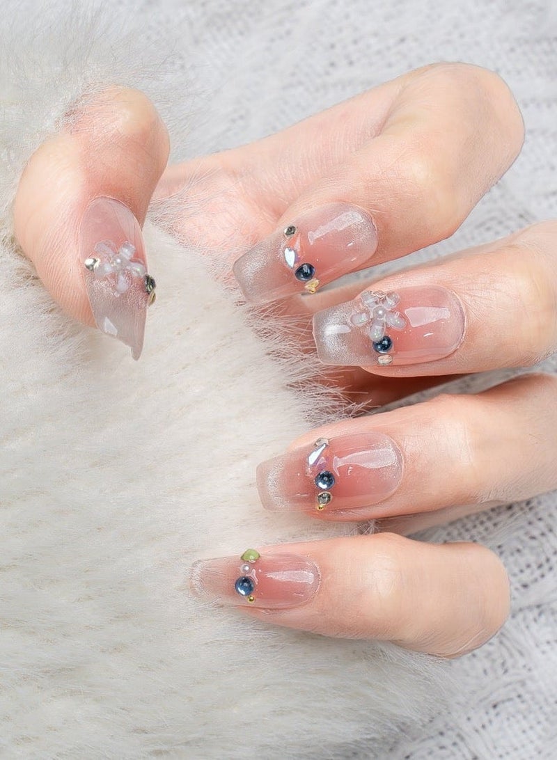 Nailosophy 10 Pcs Handmade Gel Press On Nails Short Square Nude Pink Floral Crystal Reusable False Nails Nail Kit for Women Daily Wear Wedding Gift Eid - Image 3