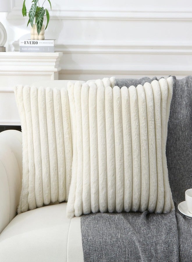 WHATWEARS Decorative Throw Pillow with Inserts, Set of 2 Soft Faux Fur Throw Pillows, Square Boho Striped Pillow for Couch, Bed, Sofa Decor(Beige, 18" x 18") - Image 1