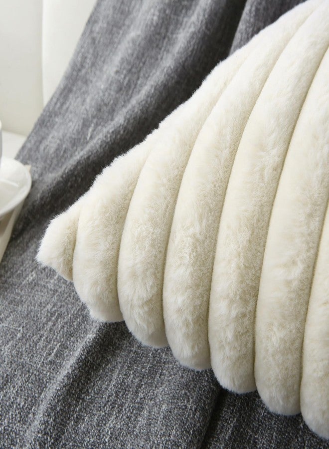 WHATWEARS Decorative Throw Pillow with Inserts, Set of 2 Soft Faux Fur Throw Pillows, Square Boho Striped Pillow for Couch, Bed, Sofa Decor(Beige, 18" x 18") - Image 3