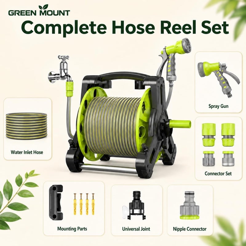 ALongDeng 30M Garden Hose Reel Set, Garden Hose Reel Kit Water Hose Holder with 8 Types Water Gun and 2M Hoses Spray Heads for Household Garden Watering Car Wash - Image 4