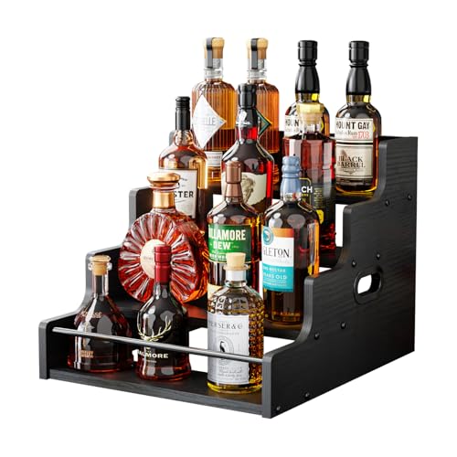 KLM Liquor Bottle Display Shelf, Coffee Syrup Rack Organizer, 4 Step Countertop Liquor Wine Rack, mini bar,liquor cabinet, Home Retro Bar Shelf Stand for Liquor Whiskey, (Black) - Image 1