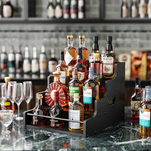 KLM Liquor Bottle Display Shelf, Coffee Syrup Rack Organizer, 4 Step Countertop Liquor Wine Rack, mini bar,liquor cabinet, Home Retro Bar Shelf Stand for Liquor Whiskey, (Black) - Image 2