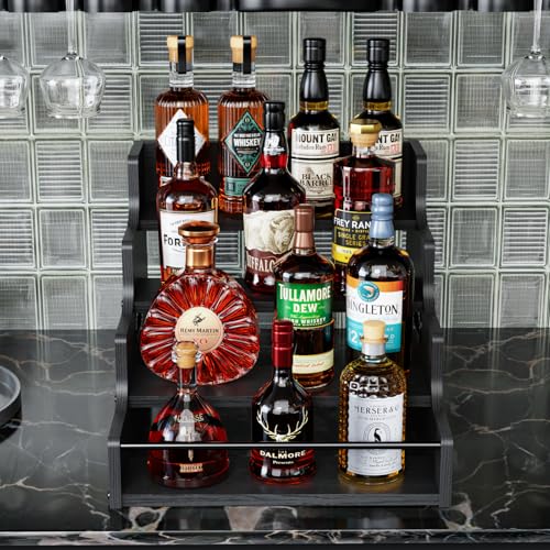 KLM Liquor Bottle Display Shelf, Coffee Syrup Rack Organizer, 4 Step Countertop Liquor Wine Rack, mini bar,liquor cabinet, Home Retro Bar Shelf Stand for Liquor Whiskey, (Black) - Image 5