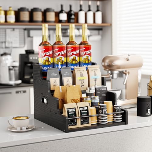 KLM Liquor Bottle Display Shelf, Coffee Syrup Rack Organizer, 4 Step Countertop Liquor Wine Rack, mini bar,liquor cabinet, Home Retro Bar Shelf Stand for Liquor Whiskey, (Black) - Image 3