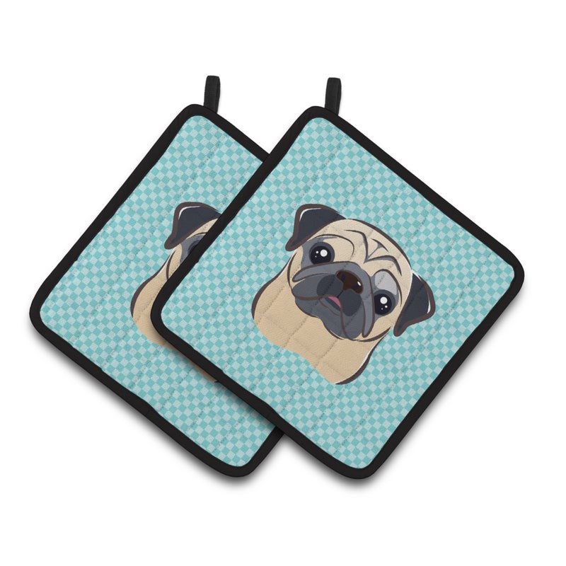 Caroline's Treasures ""Caroline's Treasures Checkerboard Blue Fawn Pug Pair of Pot Holders BB1200PTHD  7.5HX7.5W  Multicolor"" 