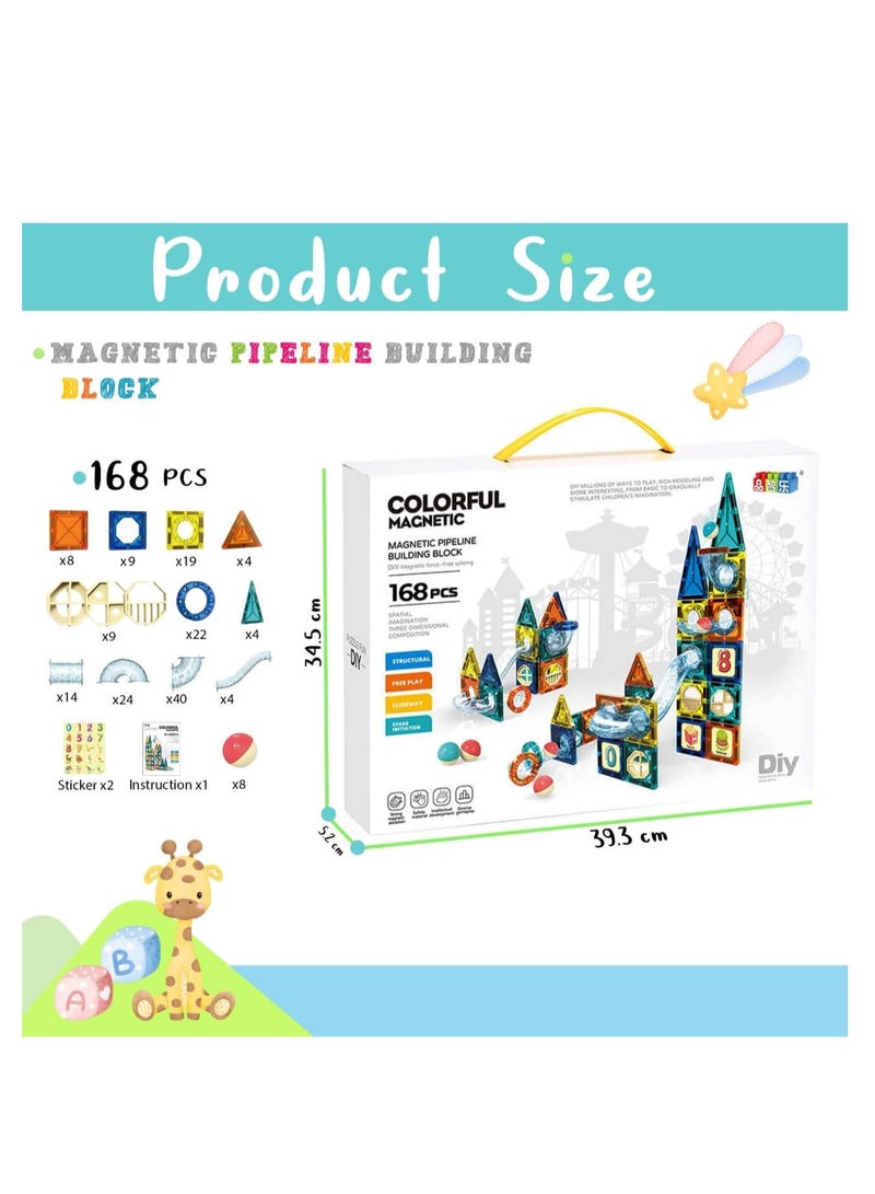 168 Pcs Magnetic Pipeline Tiles Magic Blocks 3D STEM Stacking Toys for 3+ Year Old Boys and Girls - Premium 3D Magnetic Pipeline Building Blocks Set for Toddlers - Kids Toys Creativity Construction Playboards