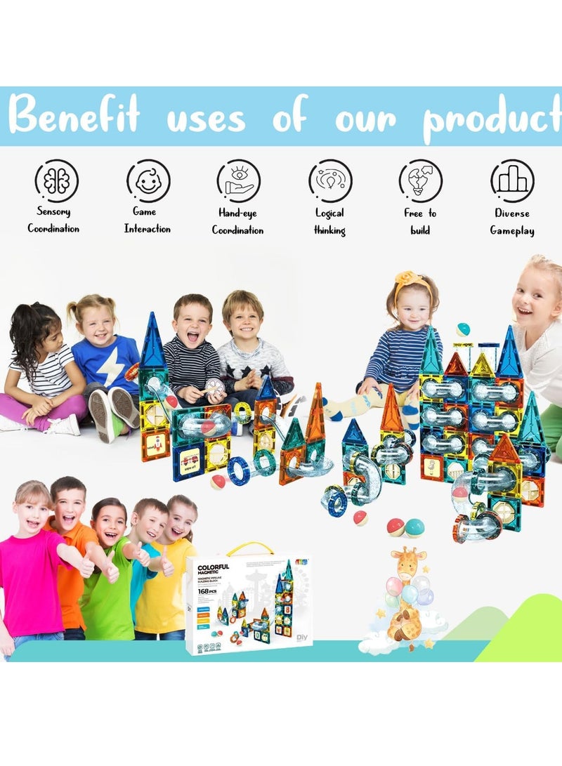 168 Pcs Magnetic Pipeline Tiles Magic Blocks 3D STEM Stacking Toys for 3+ Year Old Boys and Girls - Premium 3D Magnetic Pipeline Building Blocks Set for Toddlers - Kids Toys Creativity Construction Playboards