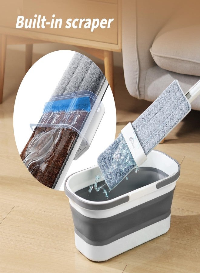 Oshang Flat Mop and Collapsible Bucket OG7 with Wheels, 2 Washable Reusable Microfiber Pads, Pure White - Image 2