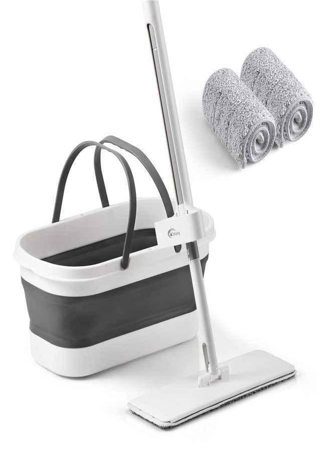 Oshang Flat Mop and Collapsible Bucket OG7 with Wheels, 2 Washable Reusable Microfiber Pads, Pure White - Image 1