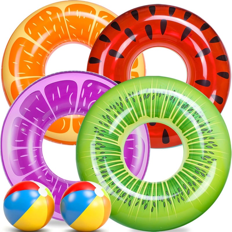 FindUWill 6 Pack Pool Floats Kids, Pool Swim Tubes Rings(4 Pack) - 4Pcs Inflatable Big Floaties Beach Swimming Toys with 2Pcs Beach Balls for Adults Raft Floaties Toddlers - Image 1