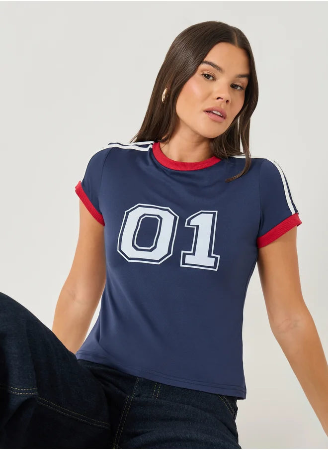 Styli Styli Varsity Print Short Sleeve Cropped Fitted T-Shirt