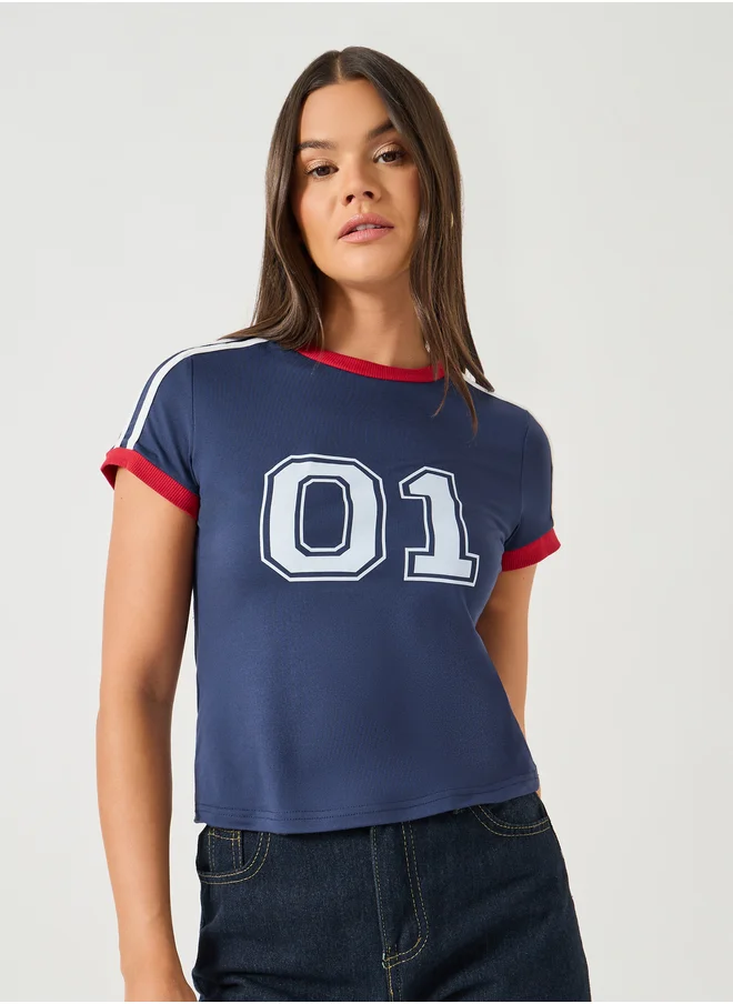 Styli Styli Varsity Print Short Sleeve Cropped Fitted T-Shirt