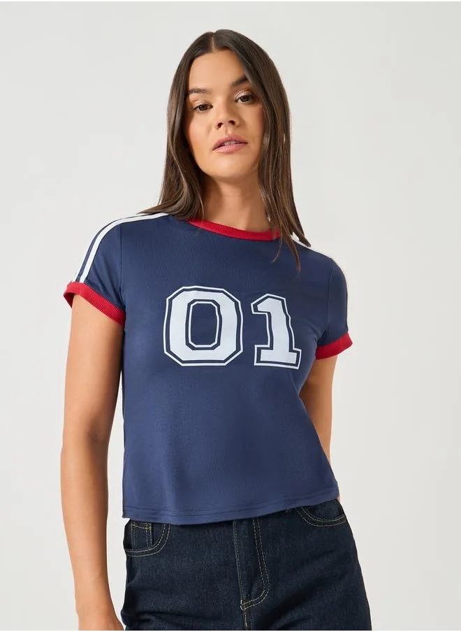Styli Styli Varsity Print Short Sleeve Cropped Fitted T-Shirt