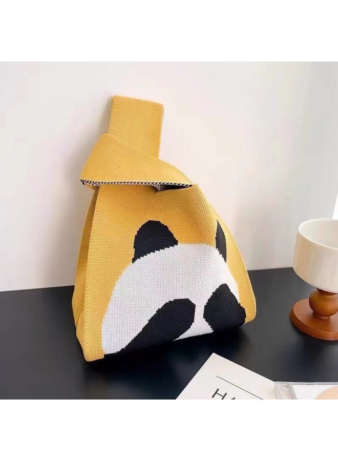 Xipu Cute Panda Knitted Handbag National Trendy Cartoon Wool Women's Bag Wrist Bag Summer Fashion Korean-style All-match-Color:Green-flowers - Image 4