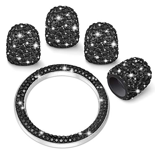 WINKA Rhinestone 4pcs Car Tire Valve Stem Caps with 1pcs Bling Car Engine Button Cover Unversal Ignition Ring for Car Keylees Ring Diamond Car Tire Caps Bling Car Accessories Black - Image 1