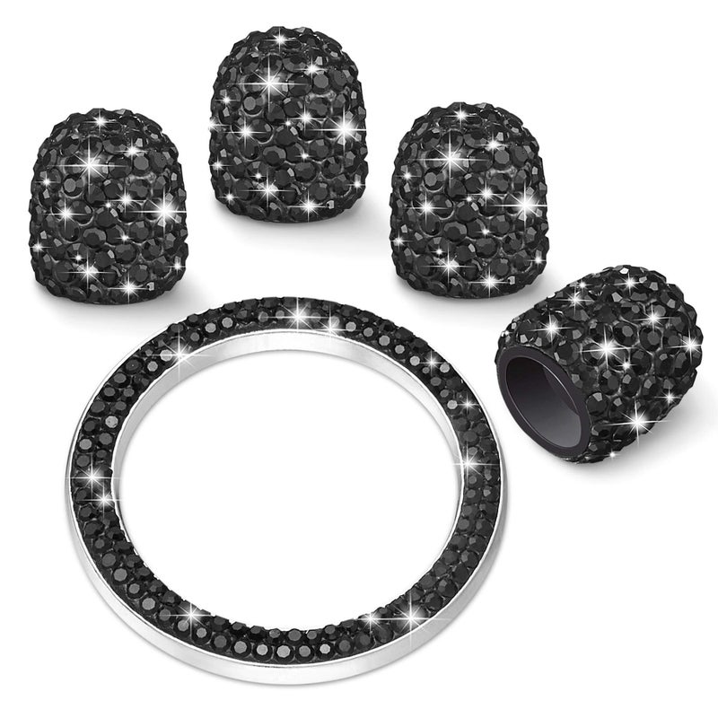 WINKA Rhinestone 4pcs Car Tire Valve Stem Caps with 1pcs Bling Car Engine Button Cover Unversal Ignition Ring for Car Keylees Ring Diamond Car Tire Caps Bling Car Accessories Black - Image 3