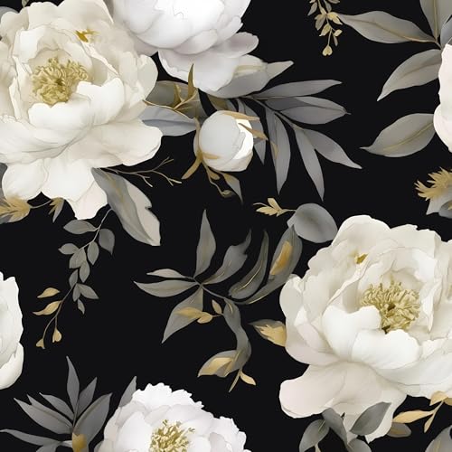Laatse Dark Floral Wallpaper Peel and Stick Boho Wallpaper 175in x 118in White Floral Contact Paper Self Adhesive Waterproof Vintage Flowers Wall Paper for Bedroom Walls CountertopWhiteGolden - Image 1
