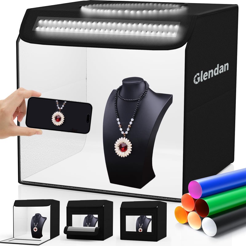 Glendan Light Box Photography, 12"x12" Portable Photo Box Shooting Tent Kit with 2 Light Panels (176 LED Lights) & 6 Kinds Double-Sided Backgrounds for Jewelry and Small Items Product Photography - Image 1