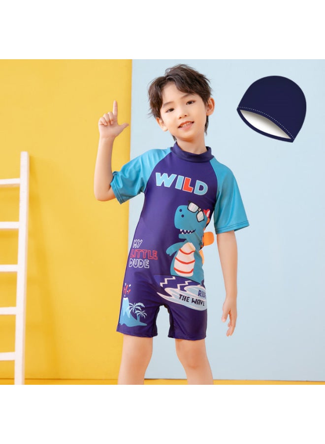 Loquat Cartoon Cute Children's Swimsuit Boy's Small And Medium-sized Children's Short-sleeved Shorts Swimsuit Baby Boy's Conservative Swimsuit-Color:Alphabet Dragon Plus Hat- - Image 4