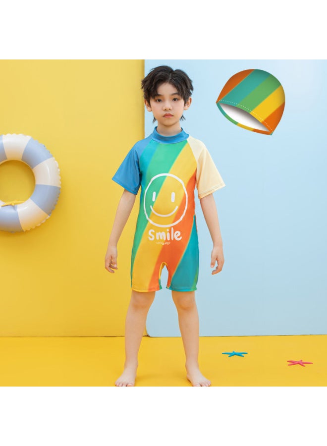 Loquat Cartoon Cute Children's Swimsuit Boy's Small And Medium-sized Children's Short-sleeved Shorts Swimsuit Baby Boy's Conservative Swimsuit-Color:Alphabet Dragon Plus Hat- - Image 3