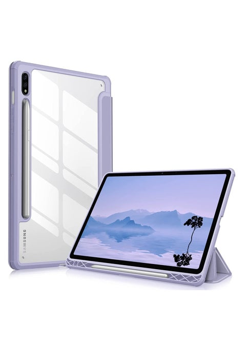 Hybrid Slim Case for Samsung Galaxy Tab S8/Tab S7 with S Pen Holder Shockproof Cover with Clear Transparent Back Shell Auto Wake/Sleep with screen protector (Purple)