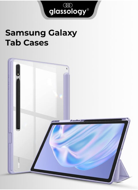 Hybrid Slim Case for Samsung Galaxy Tab S8/Tab S7 with S Pen Holder Shockproof Cover with Clear Transparent Back Shell Auto Wake/Sleep with screen protector (Purple)