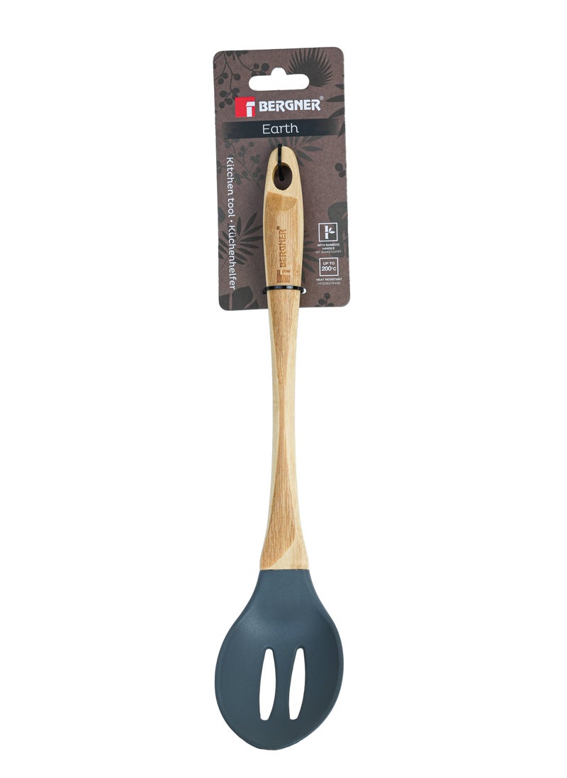 EARTH NYLON(PBT) SLOTTED SPOON WITH BABOO HANDLE 35 CM, WOODEN BROWN/GREY COLOR, BG39108GY