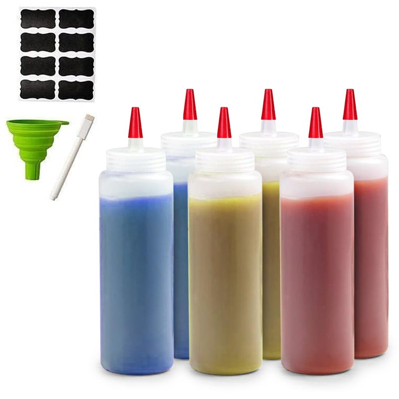 6Pack Condiment Squeeze Bottles for Sauces  Includes Funnel Erasable Marker  Reusable Labels Perfect for Salad Dressings Liquids and Ketchup Durable Plastic 32 oz Bottles